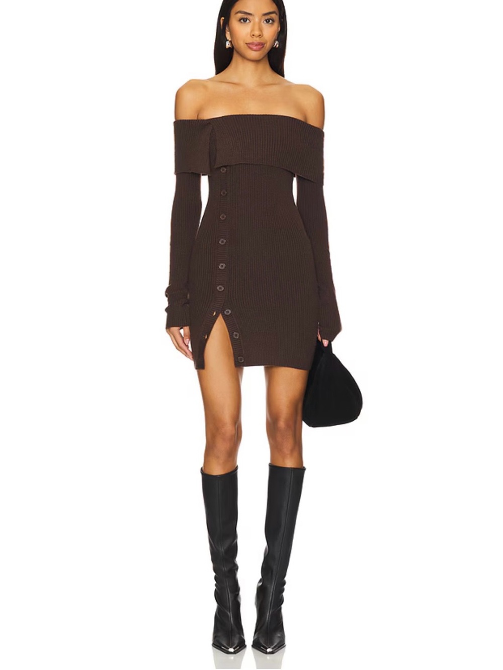Off-Shoulder Ribbed Button-Front Mini Dress in Chocolate Brown